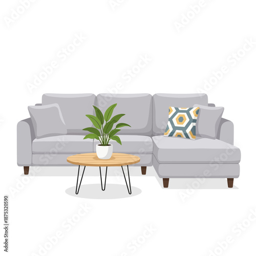 Modern Sectional Sofa with Coffee Table and Potted Plant, Living Room Furniture