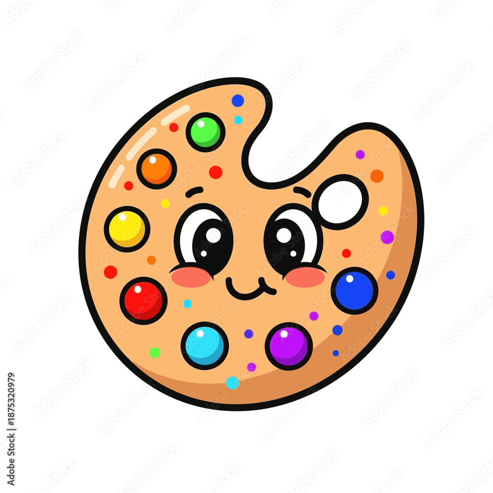 Fototapeta premium Cute Cartoon Paint Palette Character with Colorful Dots and Smiling Face