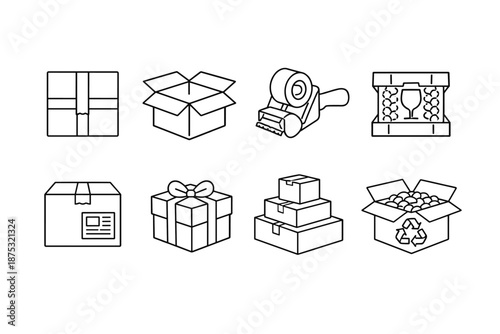 Set of black outline packaging and gift icons showing cardboard boxes, wrapped present, tape dispenser, parcel label, recycling box, and stacked packages