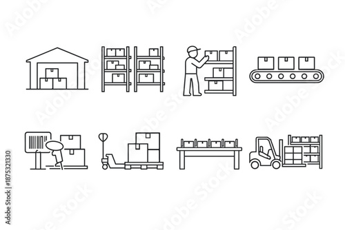 Minimal warehouse logistics icon set showing storage racks, worker packing boxes, conveyor belt, pallet jack, forklift, and shipping operations