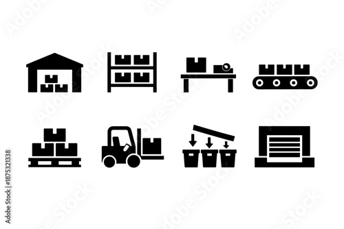 Black industrial logistics icons set showing warehouse building, shelving, conveyor belt, pallet rack, forklift, packaging line, and shipping container