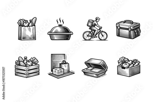 Monochrome engraved delivery and takeaway icons featuring grocery bags, hot meal cloche, bicycle courier, lunch cooler, parcels, food crates, and containers