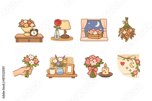 Cute floral illustration set with bouquets, tabletop vases, cozy room decor, window night view, candle arrangement, and a gift envelope with blossoms