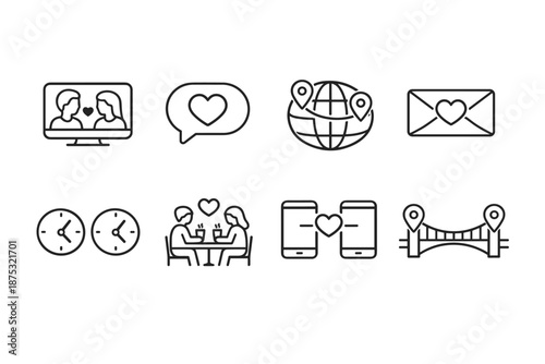 Minimal line icons illustrating online dating communication, video call, love message, world locations, meeting couple, chat, clocks, and bridge