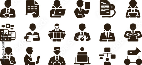 collection of brown icons depicting business professionals and various office related activities in simple silhouette style high quality professional detailed