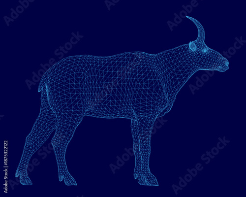A wireframe mountain goat composed of intricate lines and shapes stands against a dark blue background.