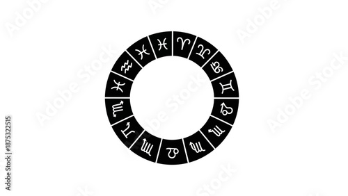 Zodiac wheel with all twelve astrological signs in black and white.