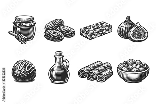 Black and white vintage hand-drawn set of natural sweet foods including honey jar, dates, nut bar, figs, bread, syrup bottle, wafers, and bowl