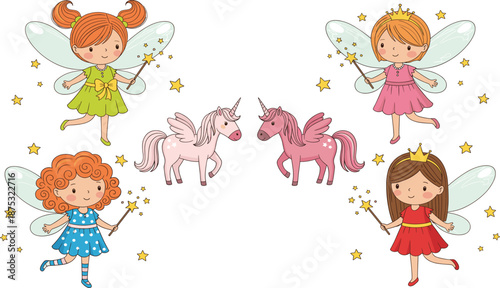 Magical Fairy Tale Character Set Featuring Cute Fairies with Magic Wands and Pink Pegasuses Surrounded by Sparkly Stars.