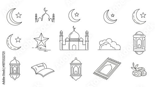Elegant Line Art Icons Collection for Islamic Holidays, Featuring Mosques, Crescent Moons, and Traditional Lanterns, Perfect for Ramadan and Eid Celebrations