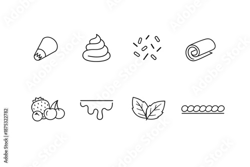 Minimal black line icons of sweet toppings and ingredients, including whipped cream, sprinkles, wafer roll, berries, chocolate drip, leaves, and pearls
