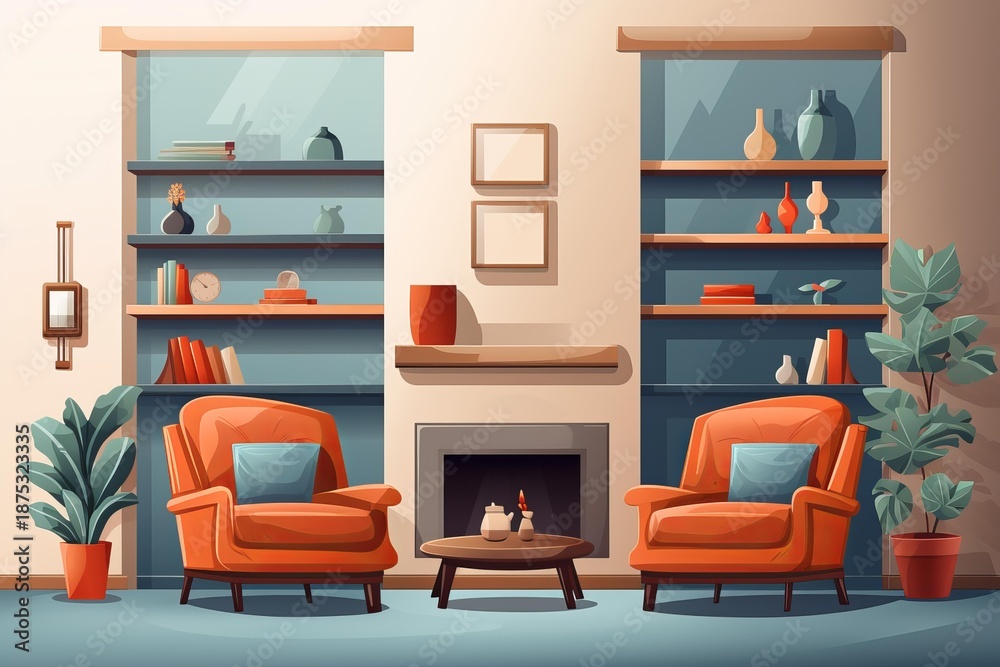 Fototapeta premium Living room interior designed for comfort and relaxation with a fireplace and two armchairs