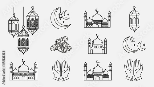 Set of Islamic symbols and elements for Ramadan and Eid celebrations, including mosques, lanterns, and crescent moons