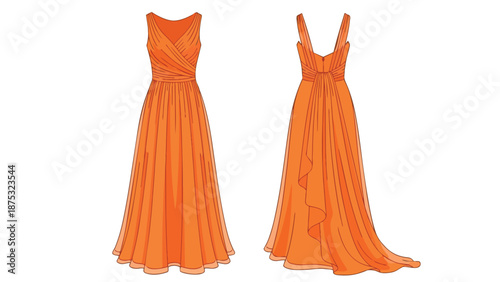 Elegant orange evening gown technical sketch showcasing front and rear views with draped details and flowing silhouette