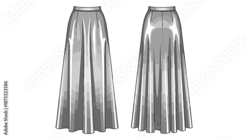 Detailed technical drawing of a flowing full-length maxi skirt in monochrome tones, illustrating front and back views for fashion design and apparel
