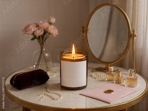 Fotografi Amber glass candle mockup with blank white label on marble table
