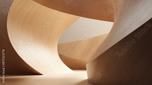 Serene Abstract Architectural Space with Flowing Wooden Curves and Light