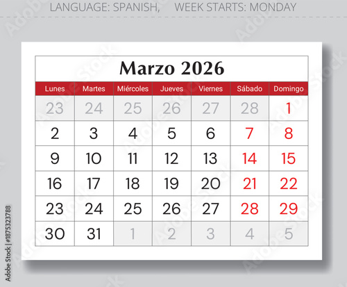 March 2026 Spanish calendar (Marzo). Paper page monthly vector illustration Spain