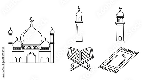 Collection of Islamic religious symbols including a mosque, minarets, Quran, and prayer mat