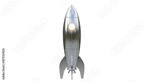 Retro silver rocket ship PNG isolated on transparent background, vintage space exploration vehicle for science fiction and design projects