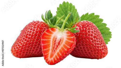 Fresh strawberries isolated PNG on transparent background, ripe red fruits with green leaves and a cut strawberry for healthy eating