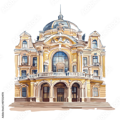 Odessa Opera and Ballet Theater. Odessa Opera and Ballet Theater watercolor vector illustration