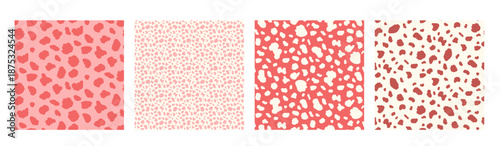 Irregular freeform blobs seamless patterns. Girly red small spots background collection. Free forms dashes texture simple shapes. Camouflage patterns. Vector camo monochrome seamless collection.