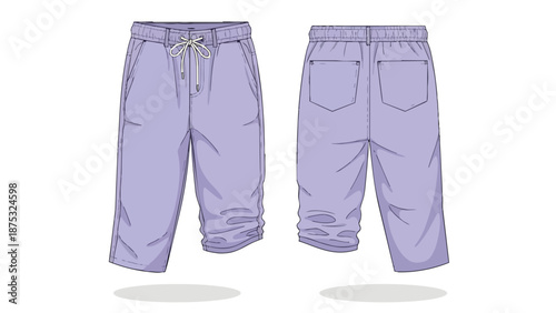 Detailed technical flat illustration of comfortable lavender drawstring capri pants shown from both front and back views a perfect template for