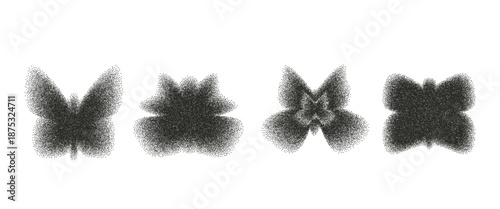 Black y2k grain gradient butterfly icon. Black charcoal dot gradation airbrush flying spray illustration. Vector noir emo aesthetic grainy butterflies figures with sand dust texture isolated no bg.