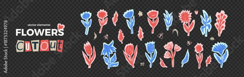 Flowers cutouts pastel pencil doodle stickers. Garden folk naive plants cut out. Paper collage kids chamomile, leaves, wildflower shapes. Scrapbook sticker floral elements. Vector scrap scribble set.