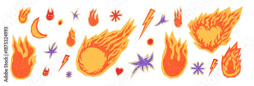 Flame, burning heart, stars doodles in crayon chalk stickers. Hand-drawn fire collage with grunge textures. Retro promo graphics frames. Vector bonfire and hot sale frames, borders isolated no bg.