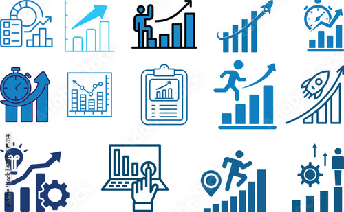 Business Growth and Analytics Icon set. Success, Performance, Charts and Strategy Symbols. Profit increase and rising revenue arrow, finance progress infographic, economic data performance.