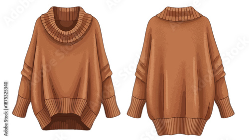 Comfortable oversized brown cowl neck sweater illustration depicting front and back views for fashion design