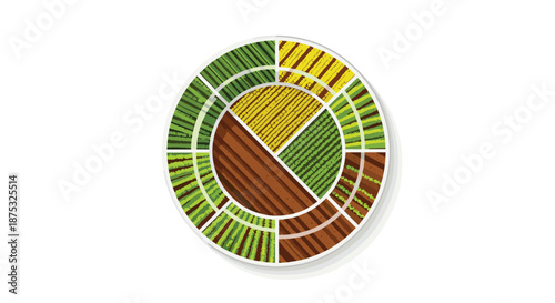 Circular agricultural fields viewed from above showcasing diverse crops and farming patterns, Generative AI.