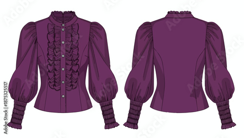 Detailed purple blouse design with ruffled collar and placket, puff sleeves and smocked cuffs. Front and back views made available for fashion