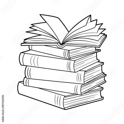 a stack of books with one open on top