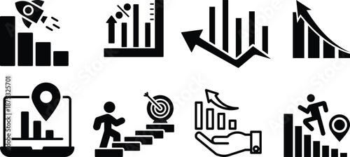 Business Growth and Analytics Icon set. Success, Performance, Charts and Strategy Symbols. Profit increase and rising revenue arrow, finance progress infographic, economic data performance.