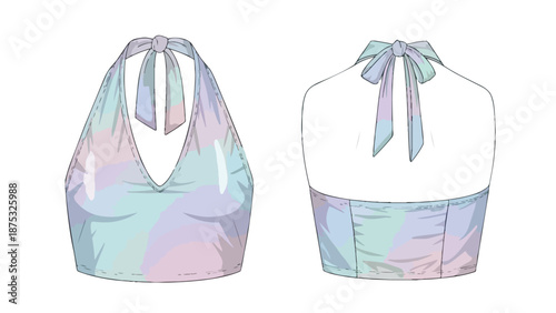 Detailed technical illustration of a women's pastel tie-dye halter top design featuring a distinctive V-neckline and neck tie closure for modern