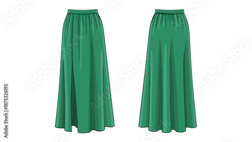 Stylized graphic representing a long green skirt, showcasing an appealing side slit and a practical elasticated waistline, with its clean front and