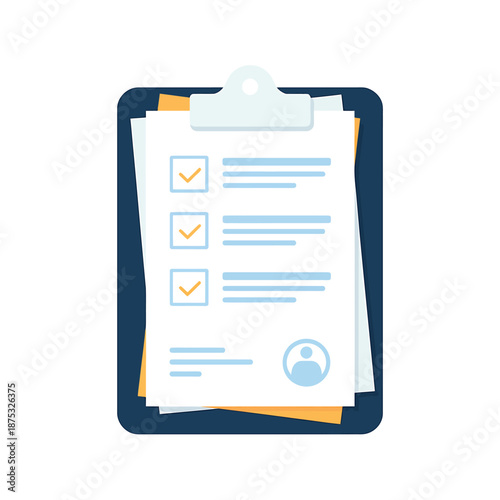 Clipboard with checklists and a person s profile icon on a white background