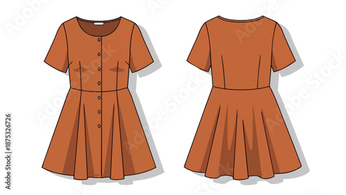 Front and back flat technical drawing of a classic short-sleeved button-front dress in warm terracotta hue with a beautifully flared pleated skirt