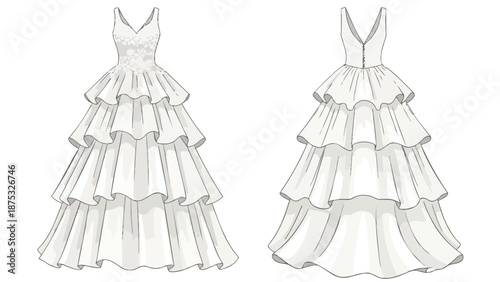 Graceful tiered dress sketches showcasing front and back views, ideal for fashion design, bridal wear concepts, and elegant attire inspiration