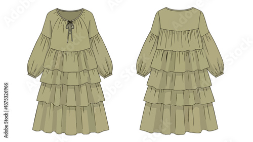 Detailed technical flat drawing showcasing a contemporary tiered midi dress design with voluminous long sleeves and a gathered neckline perfect for