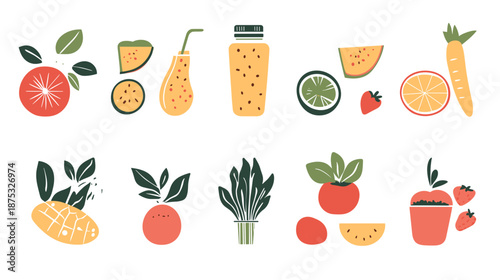 Assorted Fruits and Vegetables Flat Icons.