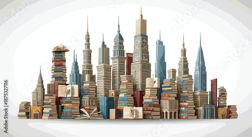 Creative cityscape made of stacked books and office supplies, Generative AI.