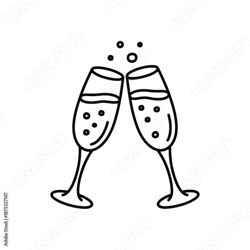 a black line drawing of two champagne glasses toasting