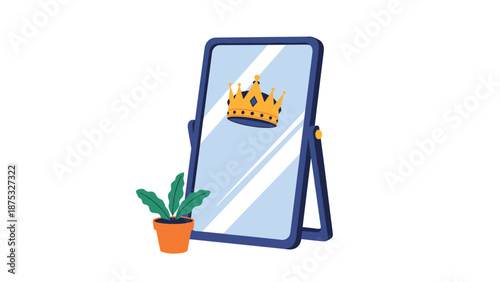 Crown reflected in a mirror with a potted plant beside it, Generative AI.