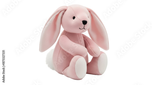 Adorable pink bunny plush toy isolated PNG, soft stuffed animal for kids and babies on transparent background, cute cuddly rabbit