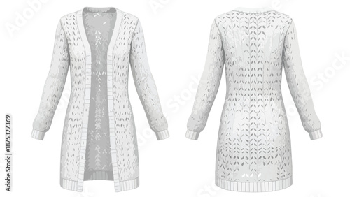Elegant white open-front longline cardigan featuring intricate knitted patterns and delicate textures, perfect for layering and adding