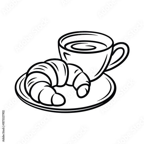 a black line drawing of a croissant and a cup of coffee